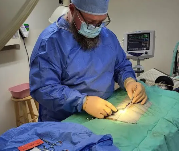 a person in a surgical gown and mask working on a piece of fabric
